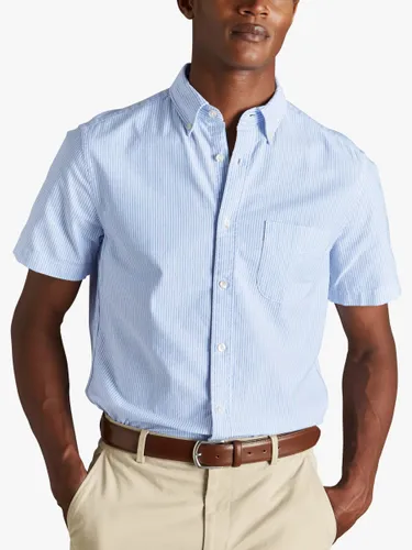 Charles Tyrwhitt Stripe Short Sleeve Washed Oxford Shirt, Ocean Blue - Ocean Blue - Male