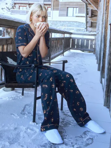 Chelsea Peers Cotton Cheesecloth Foil Star Long Pajama Set - Navy - Female