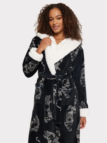 Chelsea Peers Fleece Linear Tiger Print Dressing Gown, Black - Black - Female