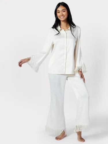 Chelsea Peers Satin Fringe Trim Pyjama Set, Off White - Off White - Female