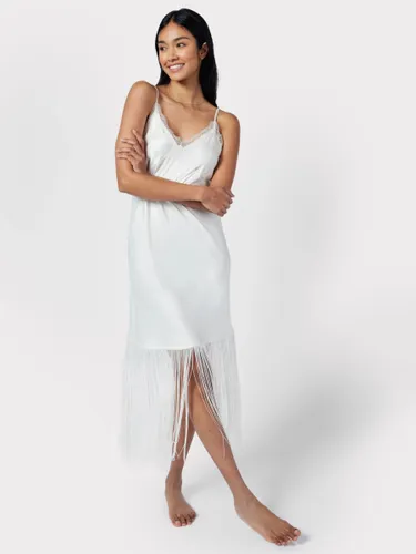 Chelsea Peers Satin Fringe Trim Slip Nightdress, Off White - Off White - Female