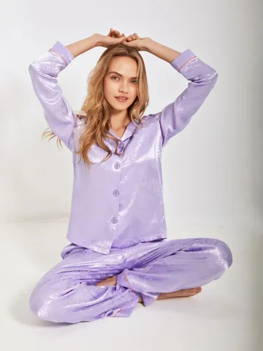 Chelsea Peers Satin Jacquard Dragon Print Long Pyjama Set, Purple - Purple - Female