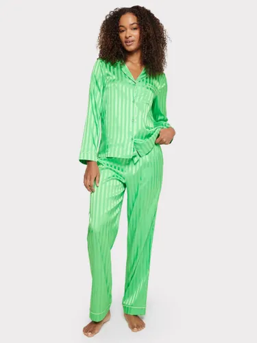 Chelsea Peers Satin Jacquard Stripe Long Pyjama Set, Green - Green - Female