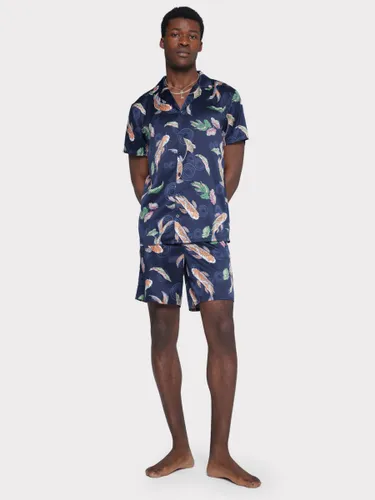 Chelsea Peers Satin Koi Fish Print Short Pyjama Set, Navy/Multi - Navy/Multi - Male