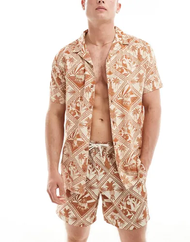 Chelsea Peers viscose beach shirt co-ord in tropical tile print-Brown