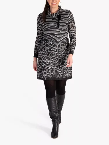 chesca Animal Burnout Cowl Neck Tunic Dress, Black/Grey - Black/Grey - Female