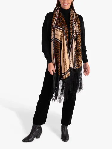 chesca Chain and Leopard Print Fringed Scarf, Black/Camel - Black/Camel - Female