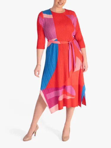 chesca Cosmopolitan Abstract Print Midi Dress, Strawberry/Multi - Strawberry/Multi - Female