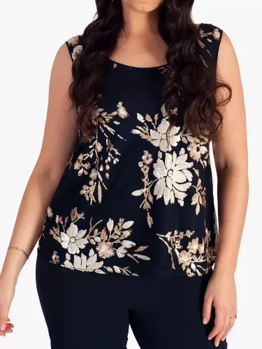 chesca Embroidered Sequin Sleeveless Top, Navy - Navy - Female