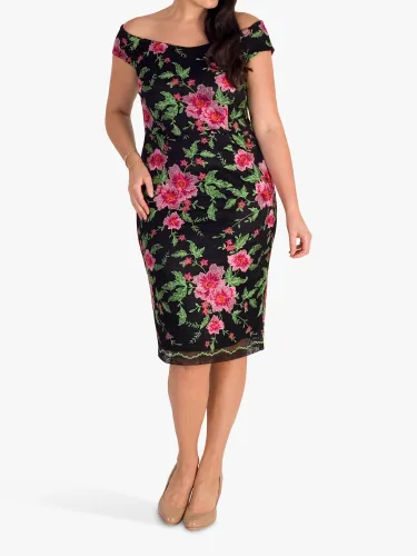 chesca Floral Embroidered Lattice Midi Dress, Black/Pink - Black/Pink - Female