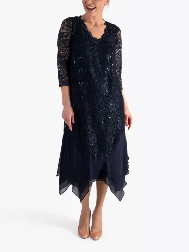 chesca Sequin Lace Chiffon Trim Midi Dress, Dark Navy - Dark Navy - Female