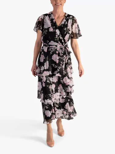 chesca Wild Rose Print Tiered Chiffon Maxi Dress, Black/Pink - Black/Pink - Female