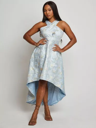 Chi Chi London Halterneck Jacquard Dip Hem Dress, Blue - Blue - Female