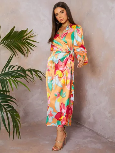 Chi Chi London Long Sleeve Floral Wrap Midi Dress, Orange/Multi - Orange/Multi - Female