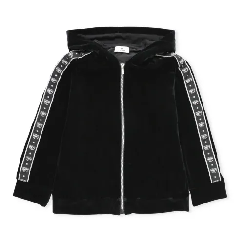Chiara Ferragni Collection , Black Chenille Sweatshirt with Hood ,Black female, Sizes: