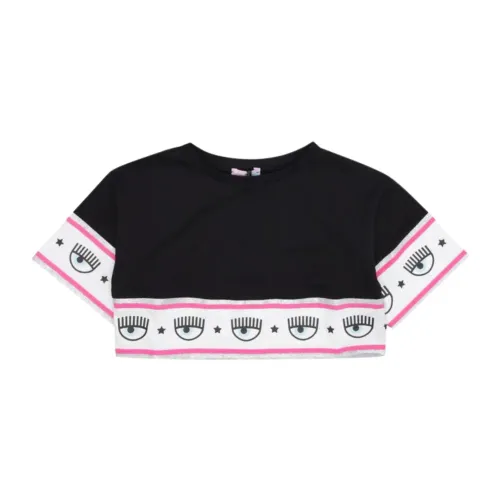 Chiara Ferragni Collection , Black Cropped T-shirt with Maxi Logomania ,Black female, Sizes: