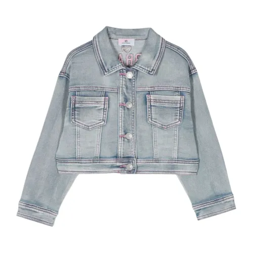 Chiara Ferragni Collection , Light Wash Cropped Denim Jacket with Pink Stitching ,Blue female, Sizes: