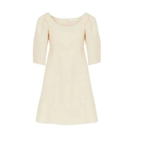 Chloé , Balloon Sleeve Linen Mini Dress ,Beige female, Sizes: