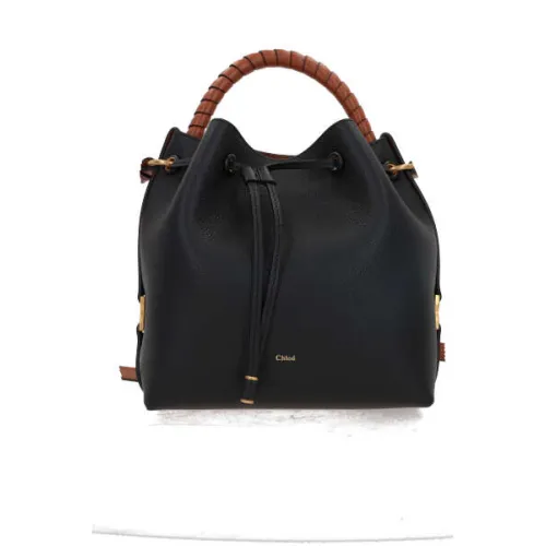 Chloé , Black Hammered Leather Bucket Bag with Brown Trim ,Black female, Sizes: ONE SIZE