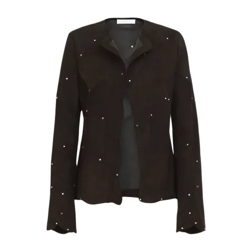 Chloé , Patchwork Leather Jacket with Trumpet Sleeves ,Black female, Sizes:
