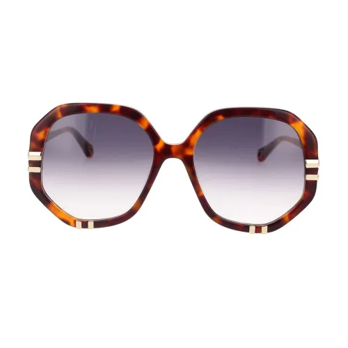 Chloé , Retro Style Round Sunglasses with Blue Gradient Lenses ,Brown female, Sizes: ONE