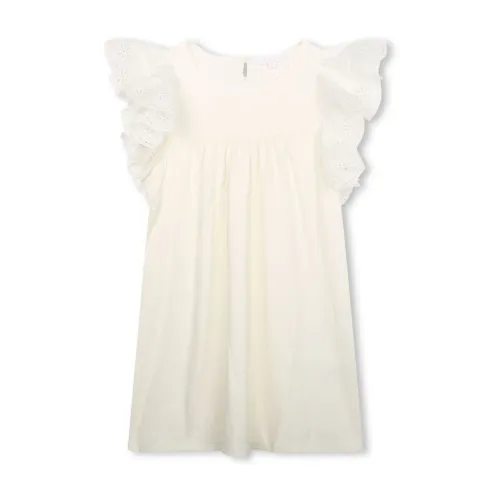 Chloé , White Lace Dress with Ruffle and Pleated Details ,White female, Sizes: