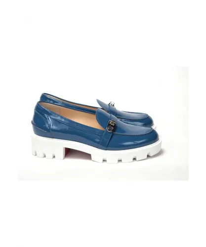Christian Louboutin WoMens Blue And White Silver Logo Lock Boat Shoe - Blue & White Patent Leather