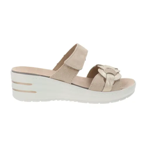 Cinzia Soft , Leather and Fabric Women's Sandals with Velcro Closure ,Beige female, Sizes: