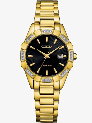 Citizen Ladies Eco 28mm Gold Plated Black Dial Watch EW2652-55E