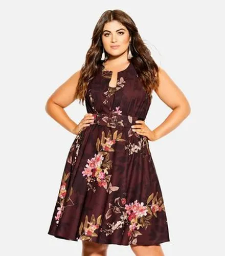 City Chic Curves Burgundy Floral Belted Mini Dress New Look