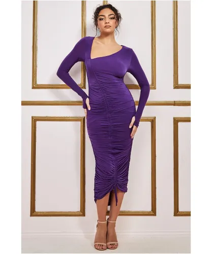 City Goddess Womens Asymmetrical Neck Ruched Midi Dress - Purple