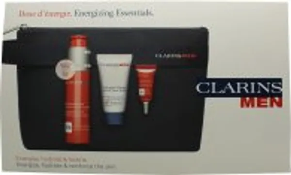 Clarins Men Gift Set 50ml Energizing Gel + 3ml Energizing Eye Gel + 30ml Active Face Wash + Bag