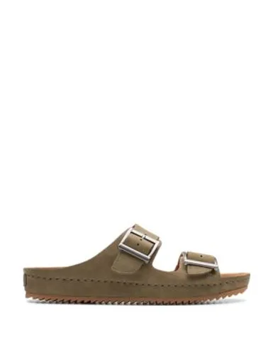 Clarks Womens Leather Buckle Sliders - 3 - Olive, Olive