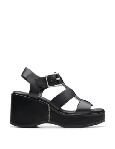 Clarks Womens Leather Wedge Sandals - 4 - Black, Black,Tan