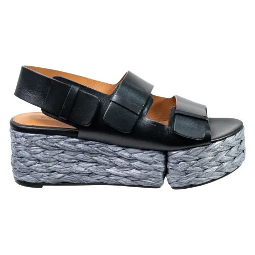 Clergerie , Women gray raffia wedge slingback sandals in leather ,Black female, Sizes: