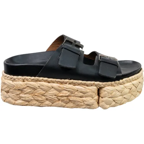 Clergerie , Women raffia wedge slipon sandals in leather with buckles ,Black female, Sizes: