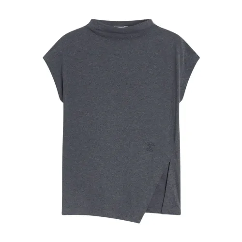 Closed , Dark Grey Melange Top with Unique Side Slit and Round Neck ,Gray female, Sizes: