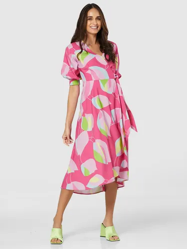 Closet London Floral Puff Sleeve Wrap Midi Dress, Pink/Multi - Pink/Multi - Female