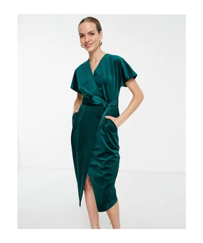 Closet London Womens kimono sleeve velvet midi dress with wrap tie in emerald-Green - Dark Green