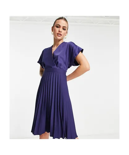 Closet London Womens Tall wrap front pleated midi skater dress in navy - Blue