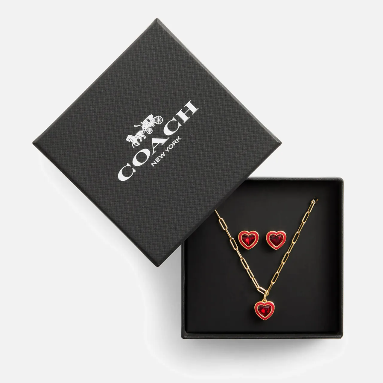 Coach Enamel Heart Gold-Tone Necklace and Earring Boxed Set