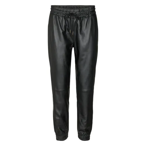 Co'Couture , Black Leather Joggers with Ribbed Waist and Drawstring ,Black female, Sizes: