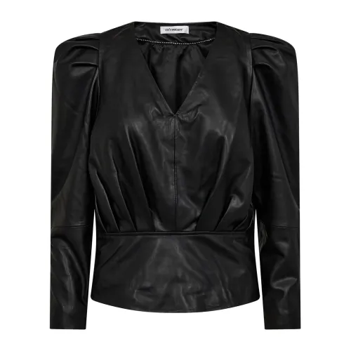 Co'Couture , Black Leather Puff Blouse with V-Neck and Stylish Details ,Black female, Sizes: