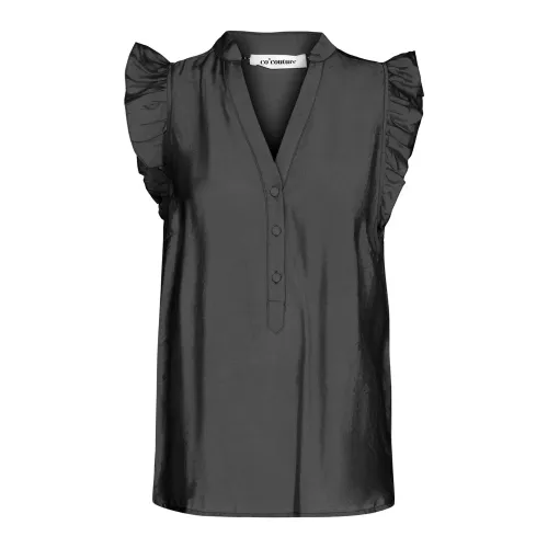 Co'Couture , Frill Top Blouse with V-Neck ,Black female, Sizes: