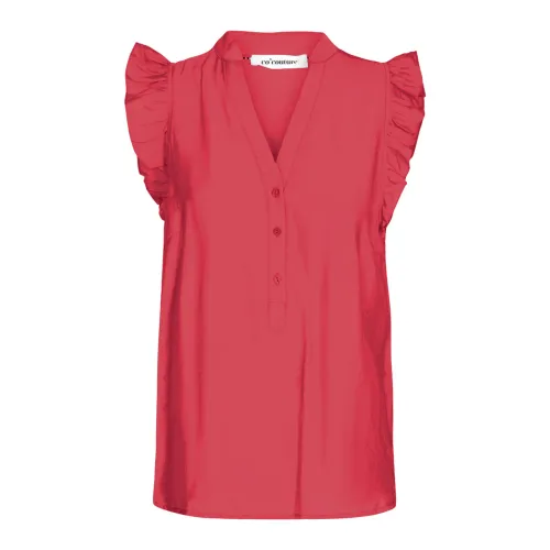 Co'Couture , Frill Top Blouse with V-Neck ,Red female, Sizes:
