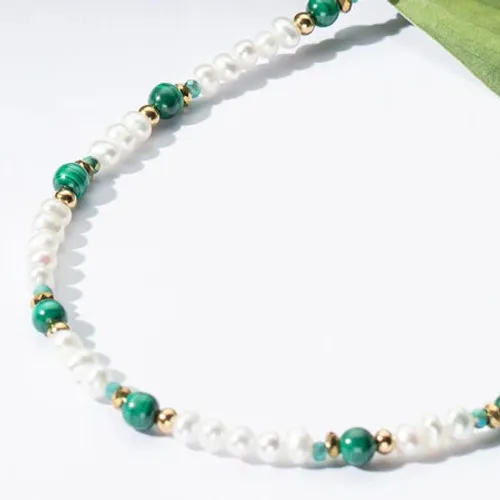 Coeur De Lion Elegance Pearl Sliding Necklace Freshwater Pearl & Malachite