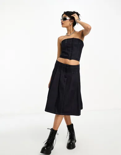 COLLUSION 90's knee length pleated denim skirt in raw co-ord-Blue