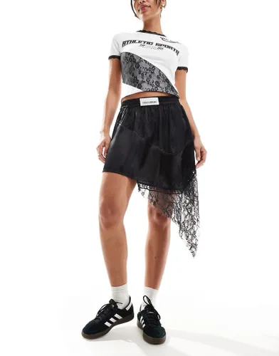 COLLUSION asymmetric mini skirt with satin and lace jacquard mix in black