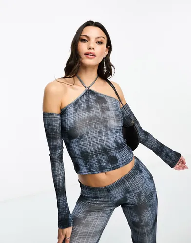 COLLUSION check printed halter top co-ord with sleeves in blue
