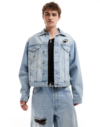 COLLUSION co-ord denim trucker jacket with rips in lightwash-Blue